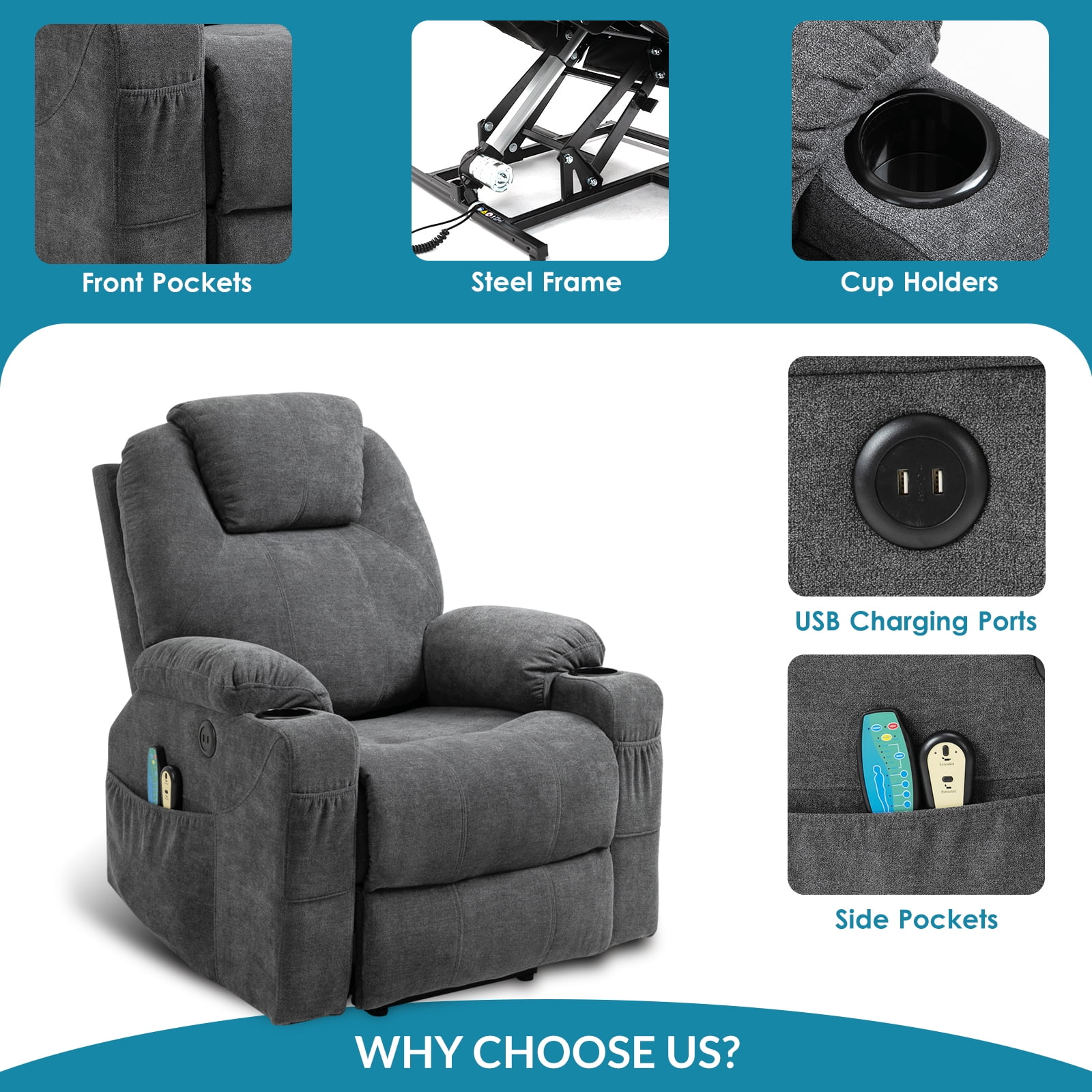 OUINCH Power Lift Recliner Chair, Electric Massage & Heated, Fabric with USB & Cup Holders, Grey