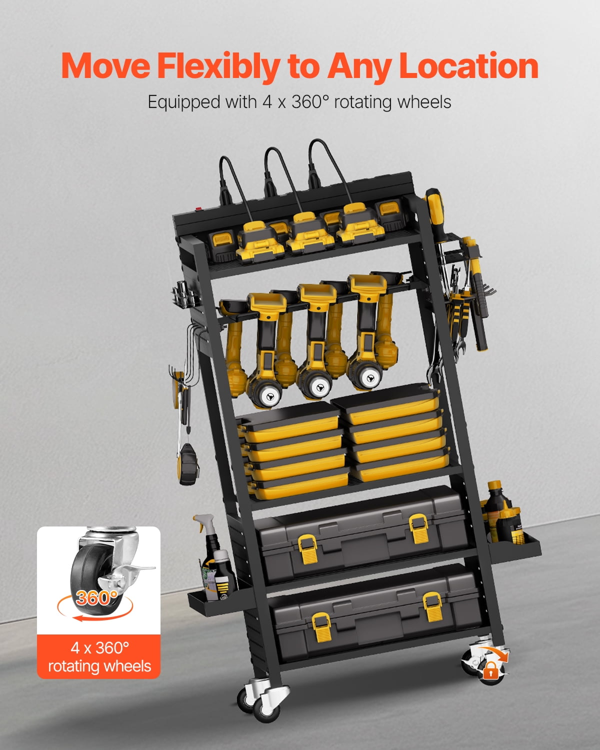 VEVOR 5-tier Tool Organizer Cart with Charging Station, 8 AC Outlet, Floor Stand Rolling Drill Holder and Tool Battery Storage Rack on Wheels, Garage Floor Rolling Storage Cart for Workshop, Garage