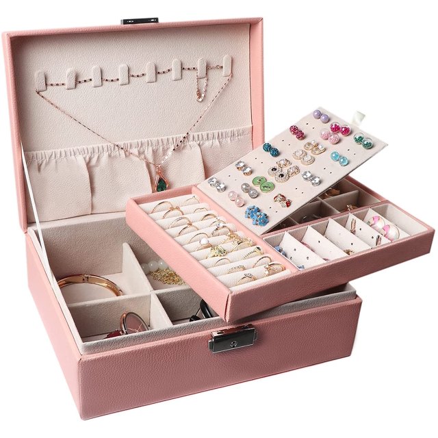 Joyero para mujeres y niñas, contenedor organizador de joyas de 2 capas con cerradura rosa Jormftte WMSS-237-2