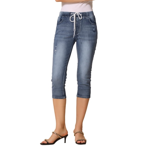 INSPIRE CHIC Pantalones Capri de Mezclilla Ajustados para Mujer con Cintura Elástica Clásica Talla XS Azul