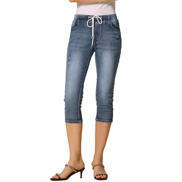 INSPIRE CHIC Pantalones Capri de Mezclilla Ajustados para Mujer con Cintura Elástica Clásica Talla XS Azul