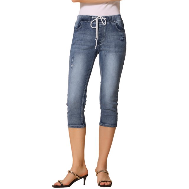 INSPIRE CHIC Pantalones Capri de Mezclilla Ajustados para Mujer con Cintura Elástica Clásica Talla XS Azul