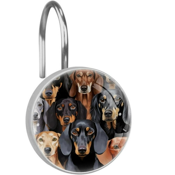 Dachshund Shower Curtain Hooks （Set of 12） for Home Hotel Shower Rods Bathroom Crystal Glass Print Stainless Steel Round Curtain Hooks