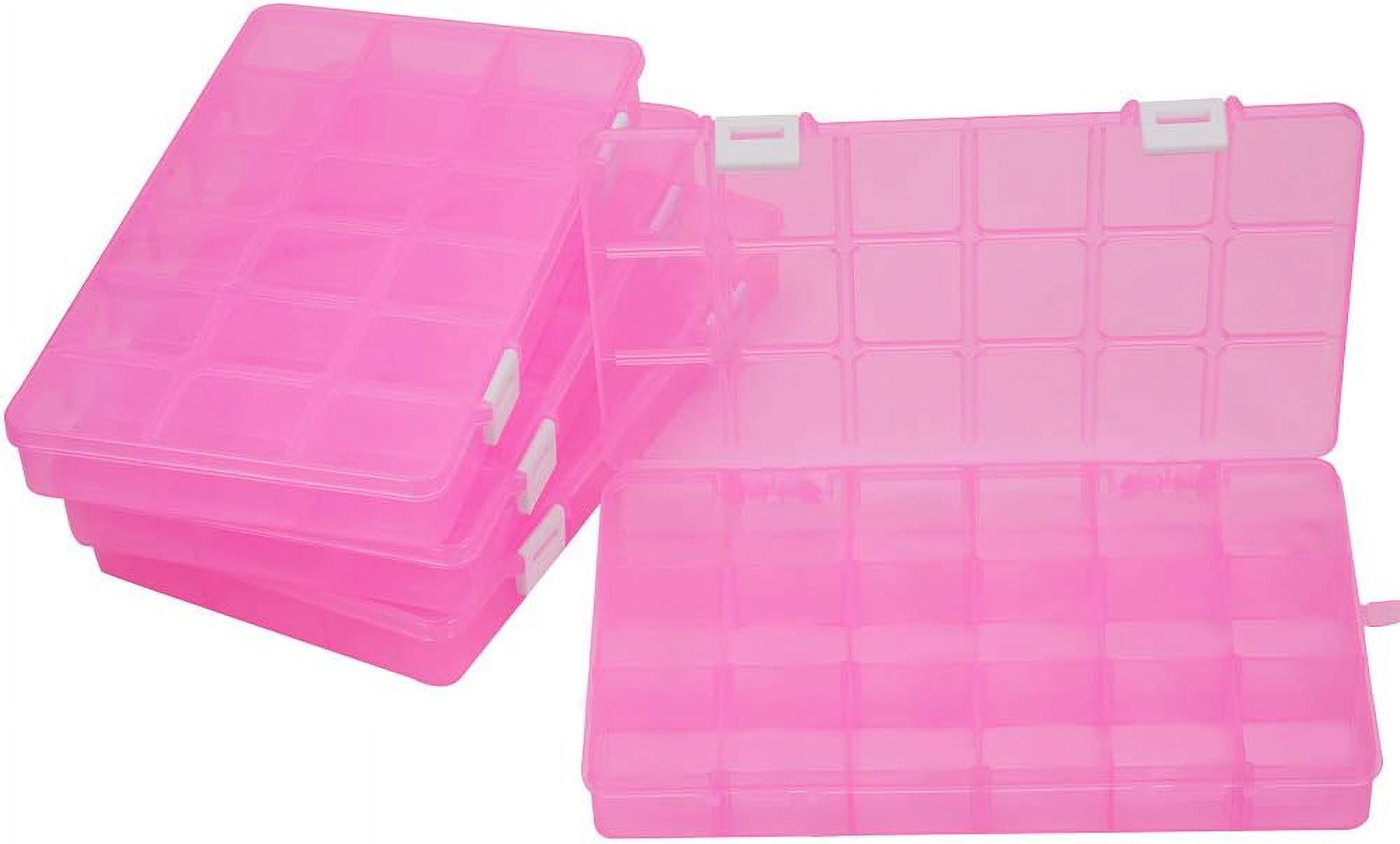 4 Pack 18 Grids Large Pink Transparent Plastic Storage Box Bead Organizer with Adjustable Dividers for Jewelry Beads Tools Craft Accessories and Other Small Items - 9.4x5.7x1.18 Inch Making DIY