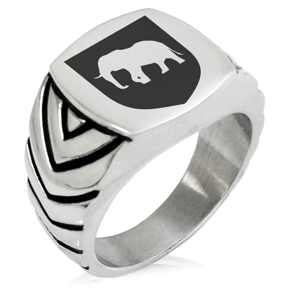 Stainless Steel Elephant Strength Coat of Arms Shield Chevron Pattern Biker Style Polished Ring