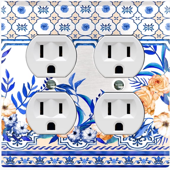 Metal Light Switch Plate Cover Peach Roses Blue Floral Tile Pattern TIL015