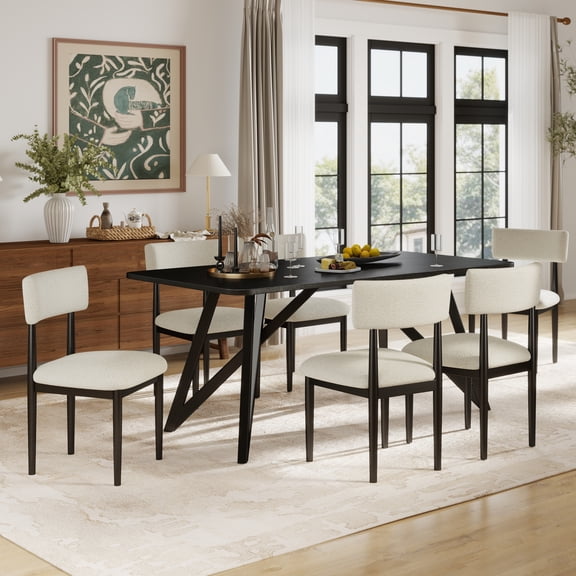 Roundhill Furniture Axler 7-Piece Dining Set, Tripod-Cross Dining Table with 6 Boucle Chairs, Black