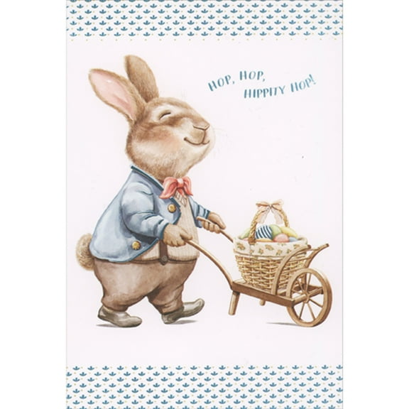 Pictura Bunny Pushing Vintage Wheelbarrow and Basket of Eggs Juvenile Easter Card for Grandson
