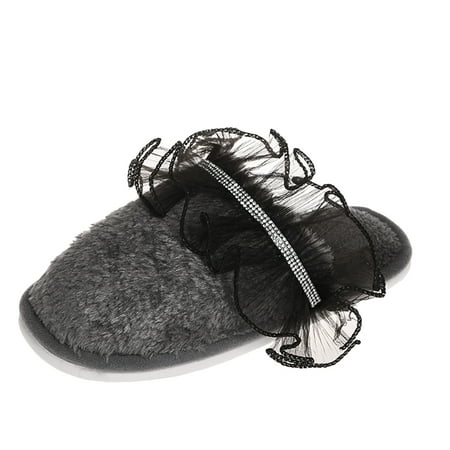 

Women s Rhinestone Lace Fleeceh Warm Pure Color Comfortable Flat Slippers