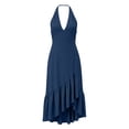 thumbnail image 5 of VBVC Women's Halter V Neck Asymmetrical Midi Dress , Ladies' Ruffle Hem Sleeveless Cocktail Dress , Summer Party Vacation Dresses For Women,Navy,S-3XL, 5 of 7