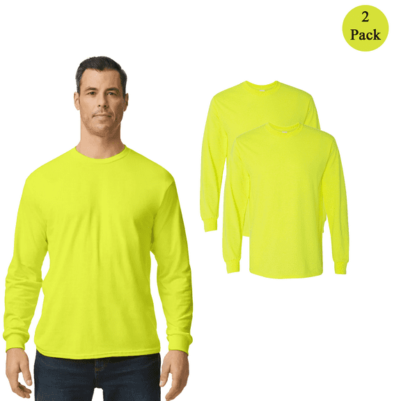 Gildan Hi Vis Heavy Cotton Long Sleeve T-Shirt, High Visibility Work Safety Green Tee, 2 Pack, S