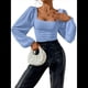 thumbnail image 3 of Blusa Corta de Larga con Cuello Cuadrado y Mangas Abullonadas para Mujer Azul L, 3 of 10