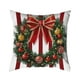 thumbnail image 2 of Juego de 3 fundas de cojín navideñas | Rayas rojas y blancas con lazo, corona y flores | Fundas de cojín decorativas de mezcla de lino para sofá cama | 45 x 45 cm, 2 of 5