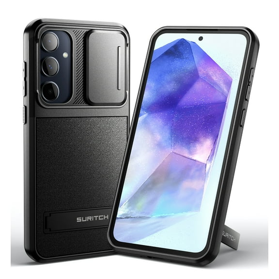 Suritch for Samsung Galaxy A55 5G Phone Case with Kickstand Slide Camera Protection Cover Shockproof Rugged Bumper Protective Case, Black