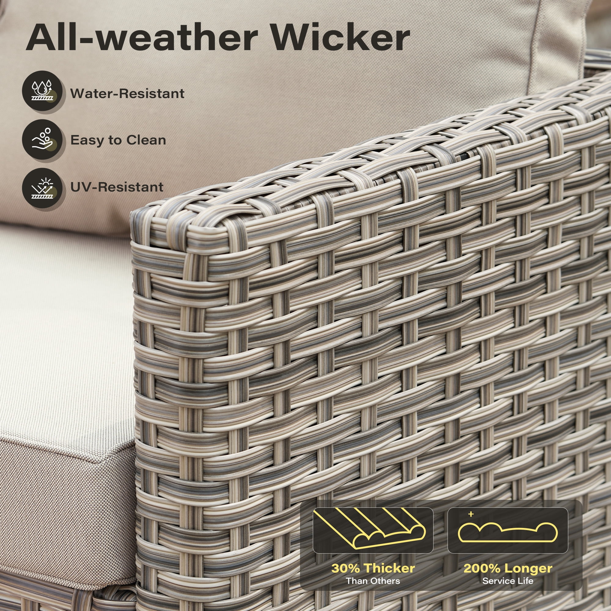 Toject 9 Pieces Patio Furniture Set All Weather Wicker Outdoor Conversation Set with 42" Fire Pit Outside Furniture Patio Sofa with Swivel Chairs & Solar Table, Beige