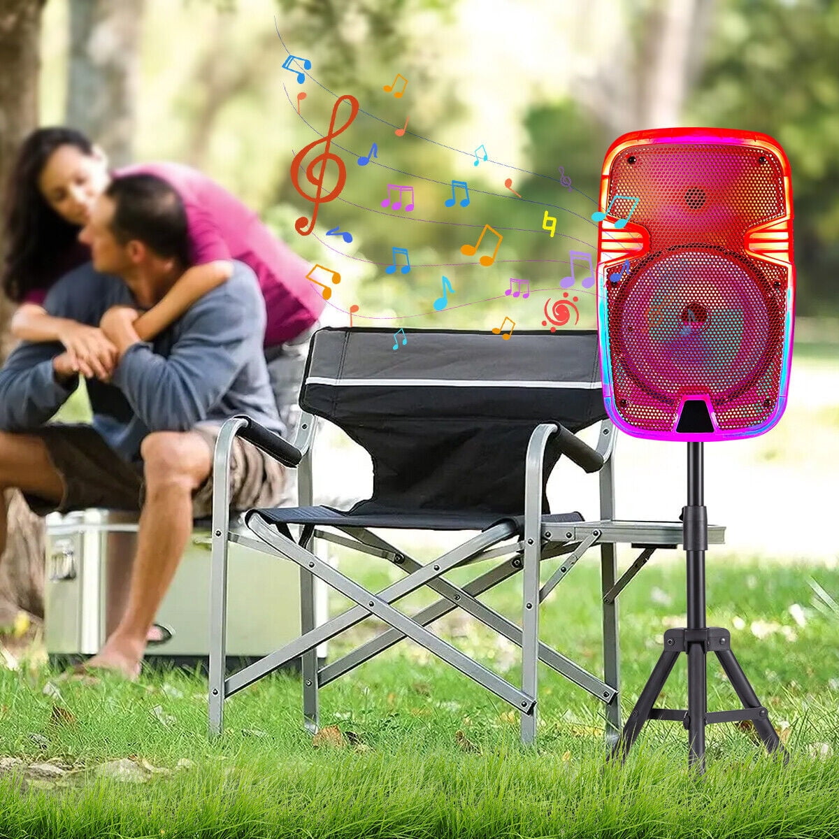 Portable Bluetooth Speaker 8" Woofer w/ Tripod Stand Microphone Remote Control Red LED, Clear Shell