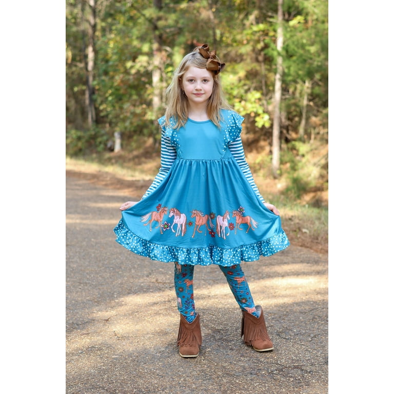 Millie Loves Lily Girls Teal Pony Border Dress Legging Set