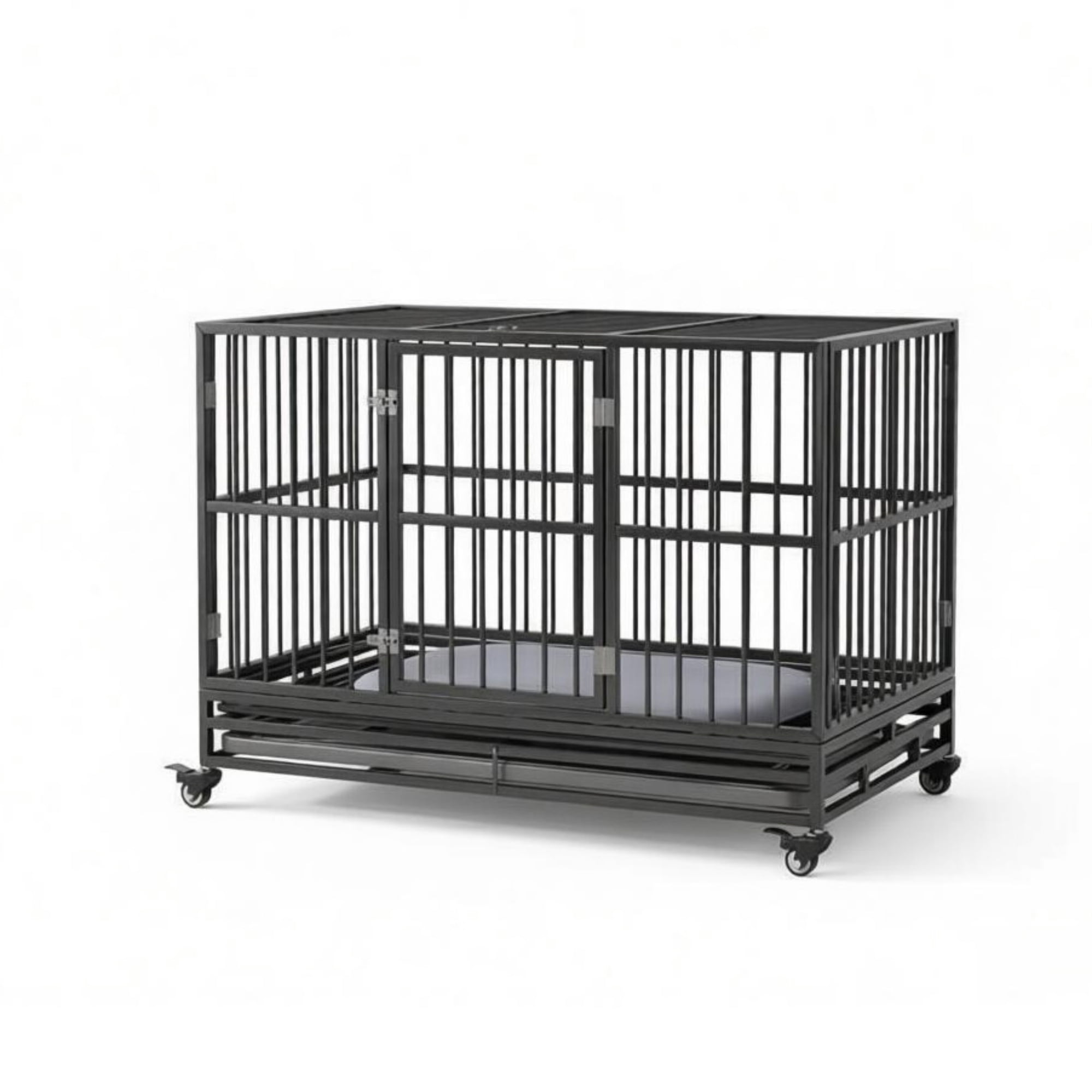 48" Heavy Duty Metal Dog Crate Kennel with Lockable Wheels Double Door Removable Tray, Gray