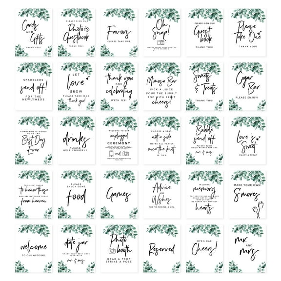 Koyal Wholesale Silver Dollar Eucalyptus Wedding Signs Bundle 30-Set for Ceremony, Reception Decor Signage, 8.5 x 11"