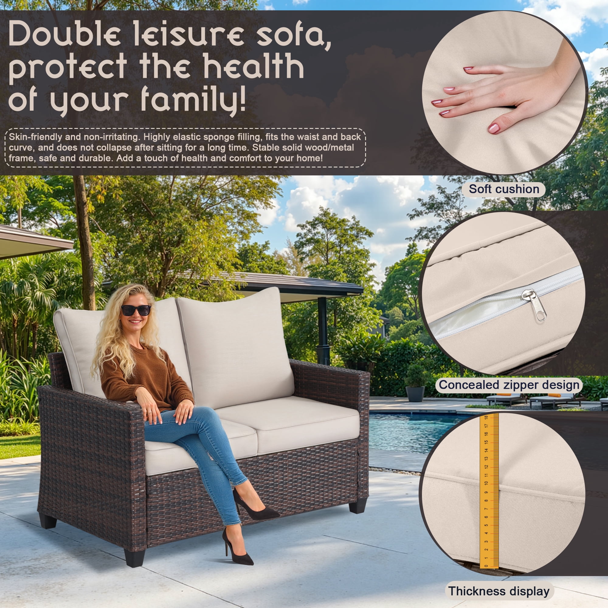 AstrPthylx Outdoor Loveseat, All-Weather 2-Seater Rattan Sofa with Cushions for Patio, Balcony, Backyard - Beige