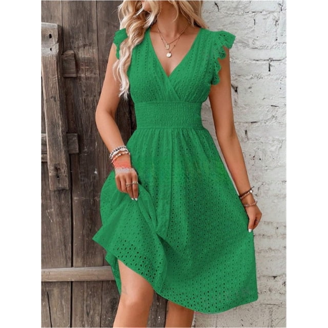 Vestido elegante con mangas de hoja de loto y escote en V.