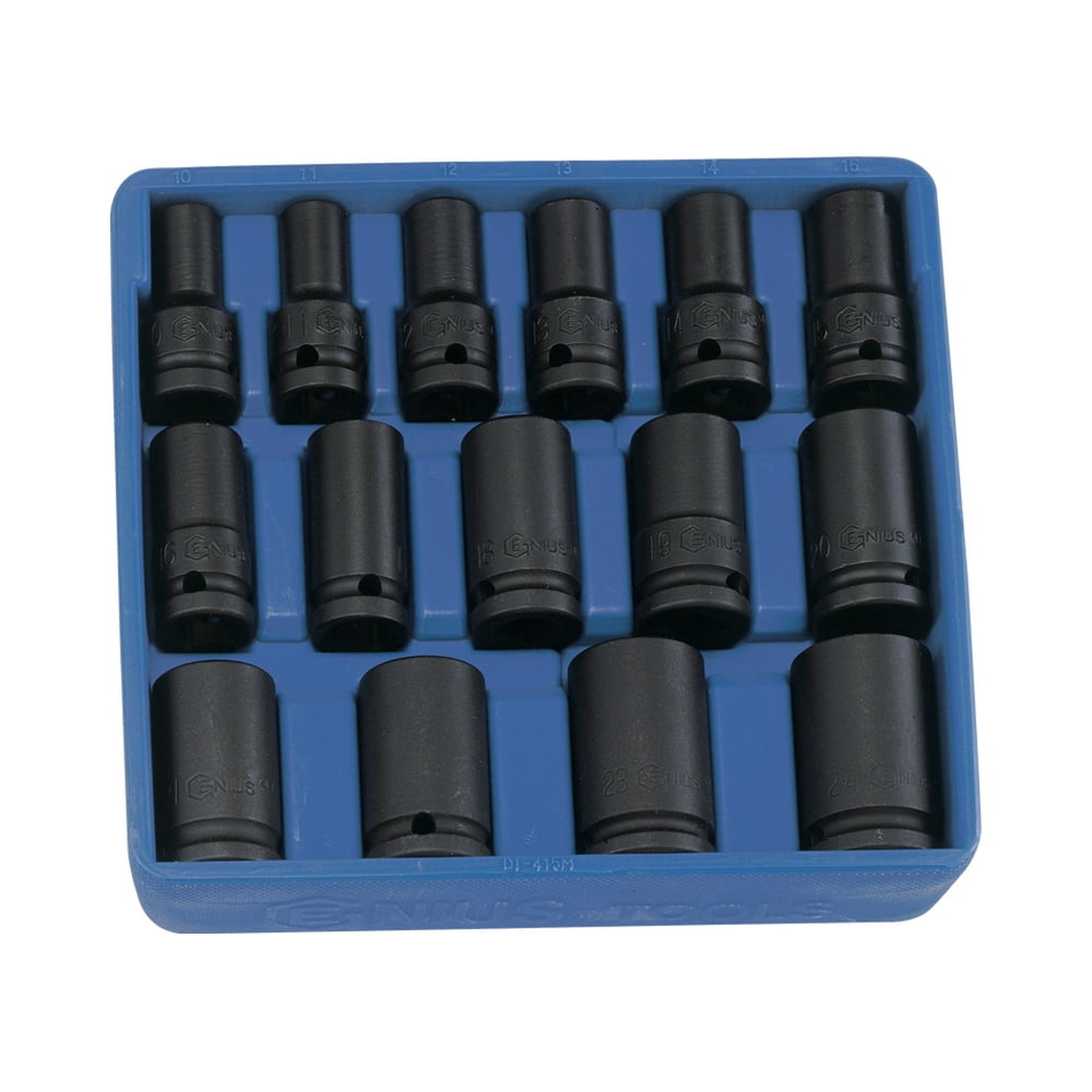 Genius Tools 15pc 1/2" Dr. Metric SemiDeep Thin Wall Impact Socket Set