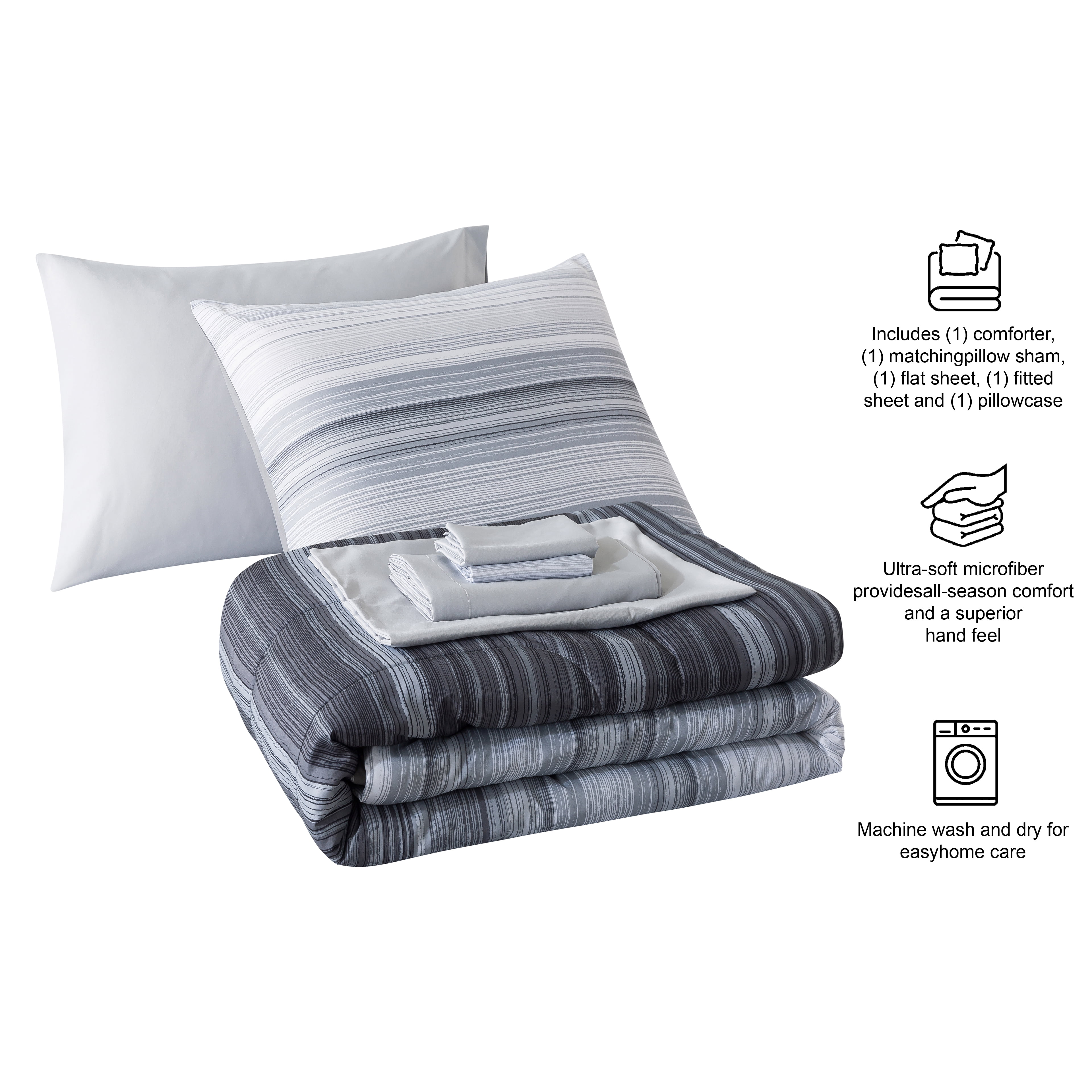Mainstays All in One Reversible Comforter and Sheet set- 5 Piece, Twin, Grey Stripe