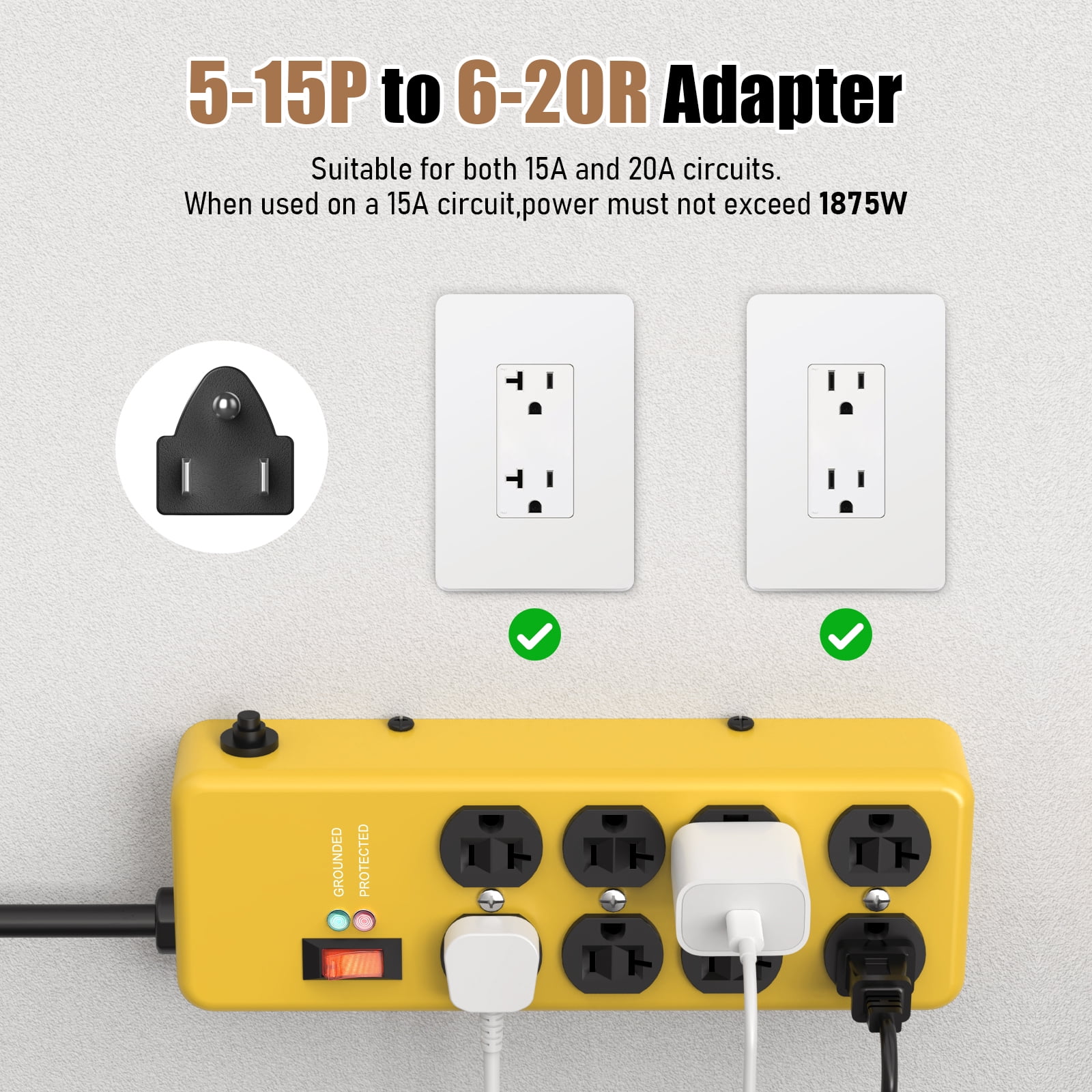 VILONG Heavy Duty Surge Protector Power Strip 20A, 8-Outlet,4800J /2500W, Multi Plug Outlet, 6ft 12AWG Extension Cords for Indoor, ETL, Yellow
