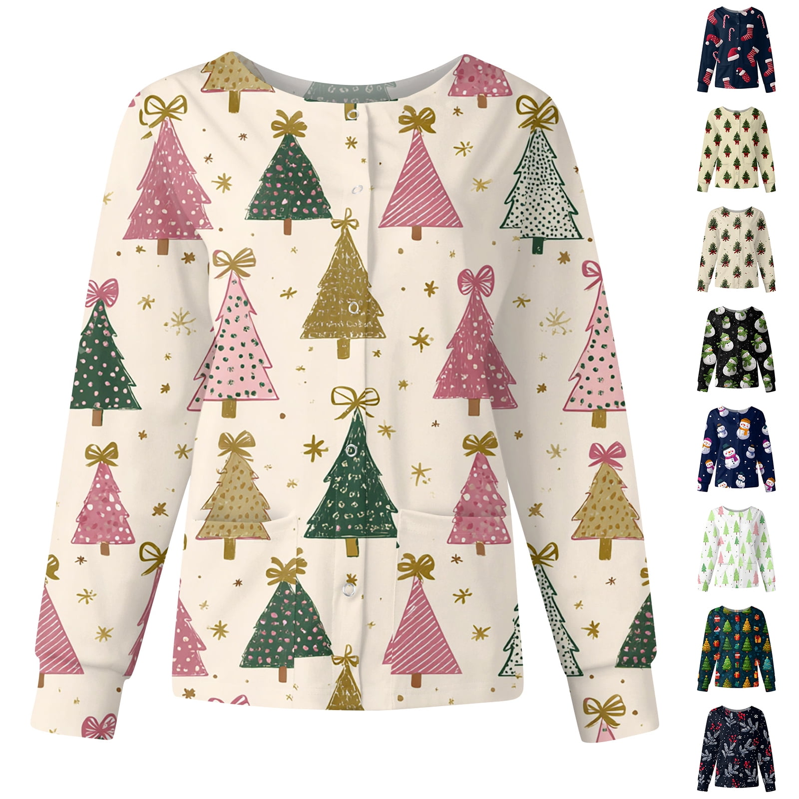Hearthz Jacket Scrubs Women Christmas Snap Front Nurses Working Uniforms Xmas Print Warm Up Long Sleeve Womens Scrub Tops Printed S-5XL