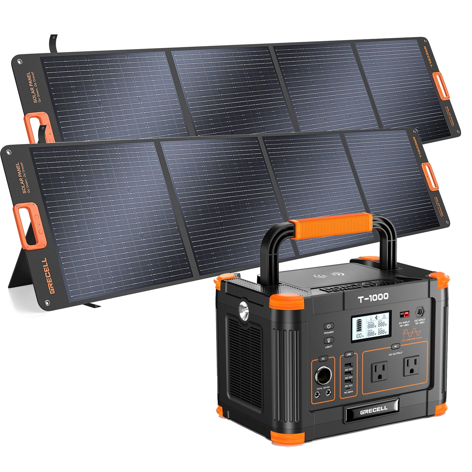 GRECELL 1000W Portable Power Station With 2x 200W Solar Panels, 999Wh Backup Lithium Battery, Pure Sine Wave AC Outlet, 60W PD Quick Charge Solar Generator Set for Outdoor Emergency Camping Travel