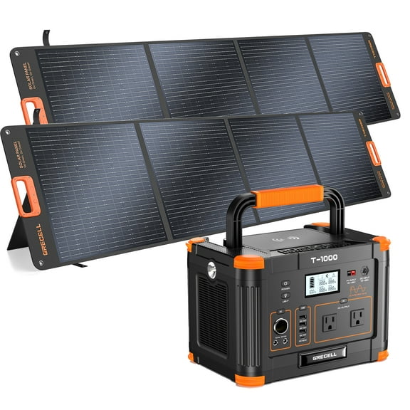 GRECELL 1000W Portable Power Station With 2x 200W Solar Panels, 999Wh Backup Lithium Battery, Pure Sine Wave AC Outlet, 60W PD Quick Charge Solar Generator Set for Outdoor Emergency Camping Travel