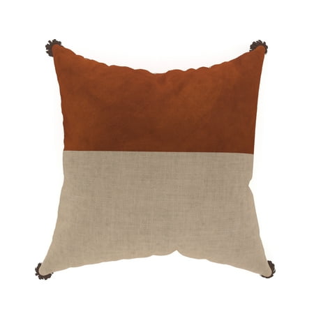 Decorative Throw Pillow Cover, 18” x 18”, Brown and Linen, Textural Half Faux Leather and Half Faux Linen Modern Layout Creating a Comfortable and Stylish Update to any Living Room, Bed, and Sofa