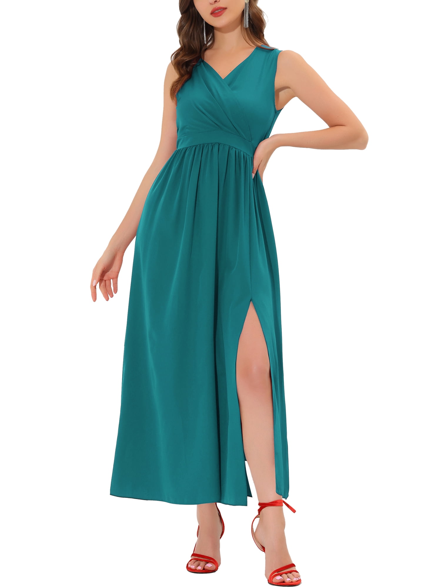 Allegra K Women's Cross Deep V Neck Pleated Front Slit Hem Sleeveless