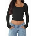 thumbnail image 1 of Female Long Sleeve Crop Top Square Neck Going Out Tops Cute Ribbed Knit Bow-Knot Lace Patchwork T Shirts Black S, 1 of 6