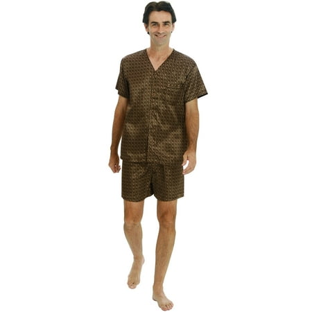 

Alexander Del Rossa Mens Short Sleeve Satin Pajamas Brown Pattern Small