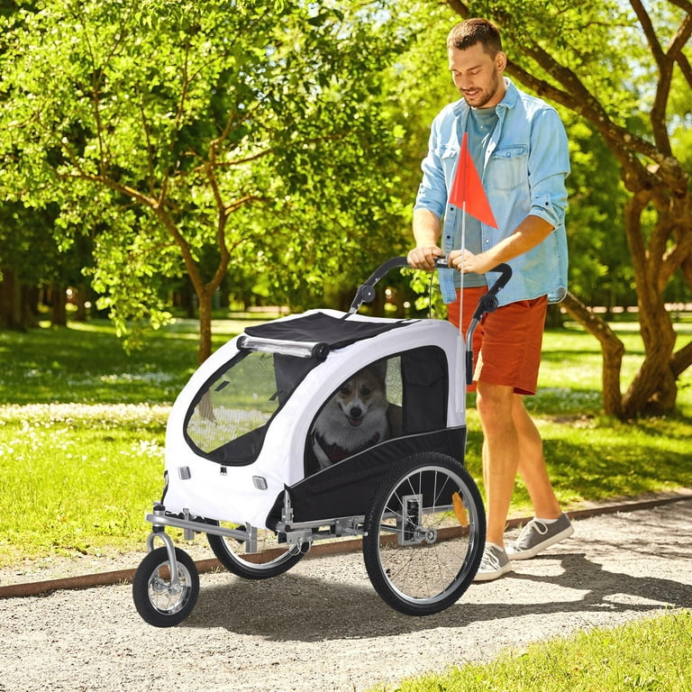 Aosom Dog Bike Trailer 2 In 1 Pet Stroller with Canopy and Storage Pockets White