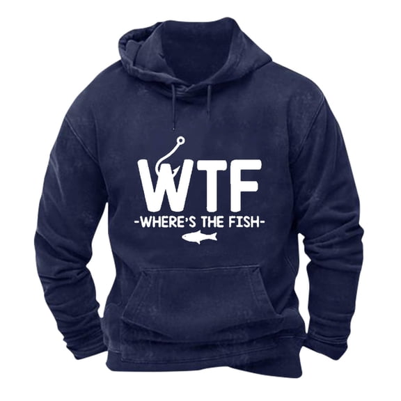 WTF Where's The Fish Hoodie for Mens Funny Nautical Boat Fishing Pullover Vintage Letter Print Distressed Sweatshirts