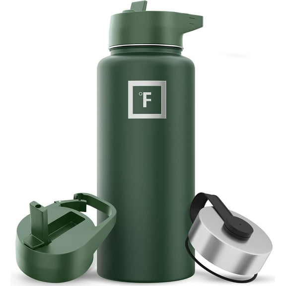 IRON °FLASK Camping & Hiking Hydration Flask, Wide Mouth, 3 Straw Lids, Stainless Steel Outdoor Water Bottle, Double Walled, Insulated Thermos, Metal Canteen - Sage, 32 Oz