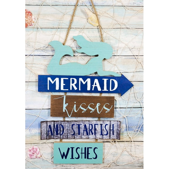 Ebros Teal Mermaid Wall Decor Sign Mermaid Kisses & Starfish Wishes Plaque 13"H