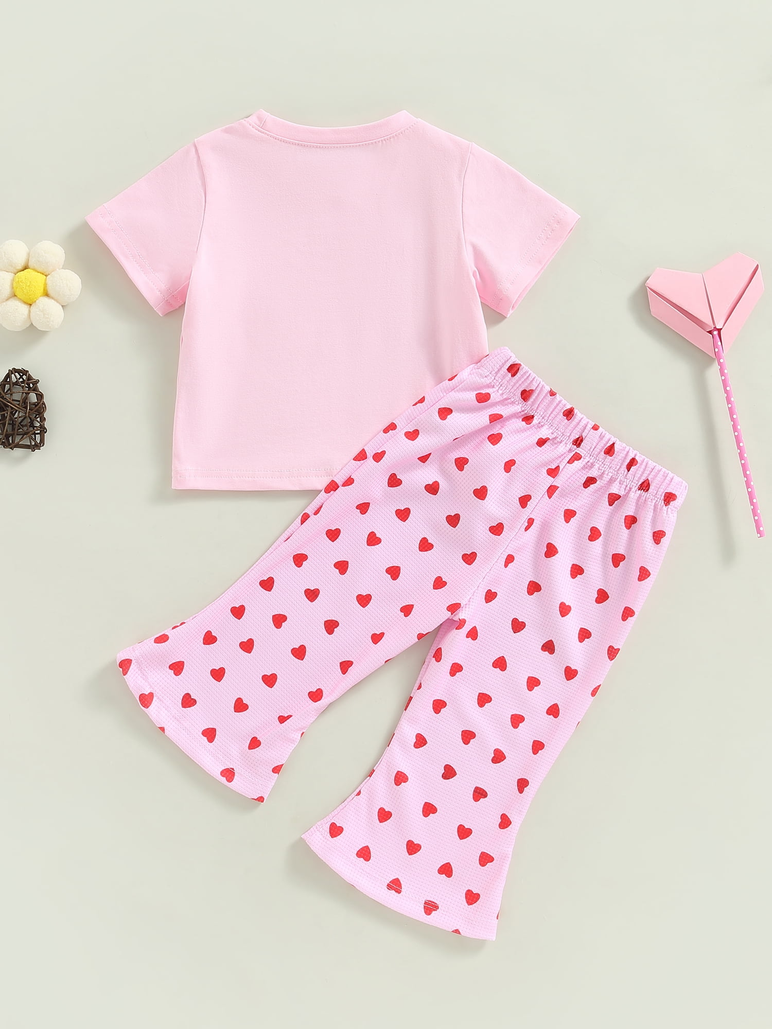 2-piece Kid Girl Ruffled Long-sleeve Pink Top and Letter Heart Print Polka dots Pants Set