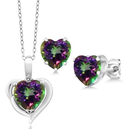 Gem Stone King 6.62 Ct Heart Shape Green Mystic Topaz Diamond 925 Silver Pendant and Earrings Jewelry Set