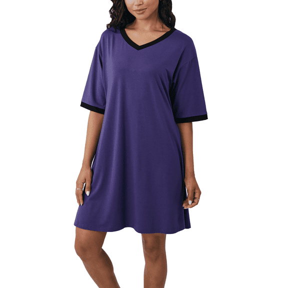 Gleelaud Womens Nightgowns Short Sleeve Color Block Sleepshirt Sleepwear Casual V Neck Sleep Dress Loungewear Nightshirts Purple