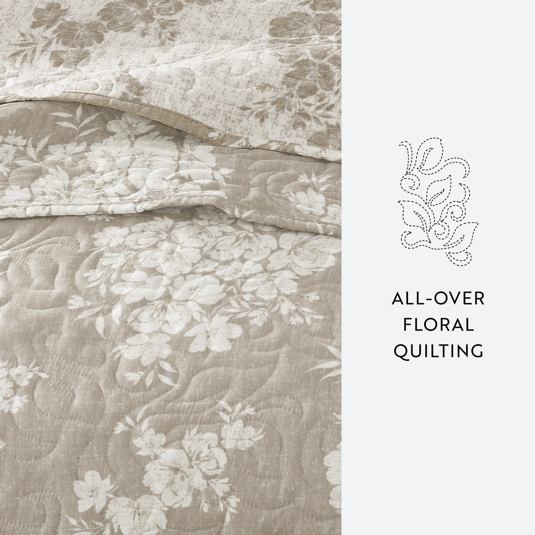 Noble Linens 3-Piece Taupe Distressed Bouquet Reversible Quilt Set, Queen