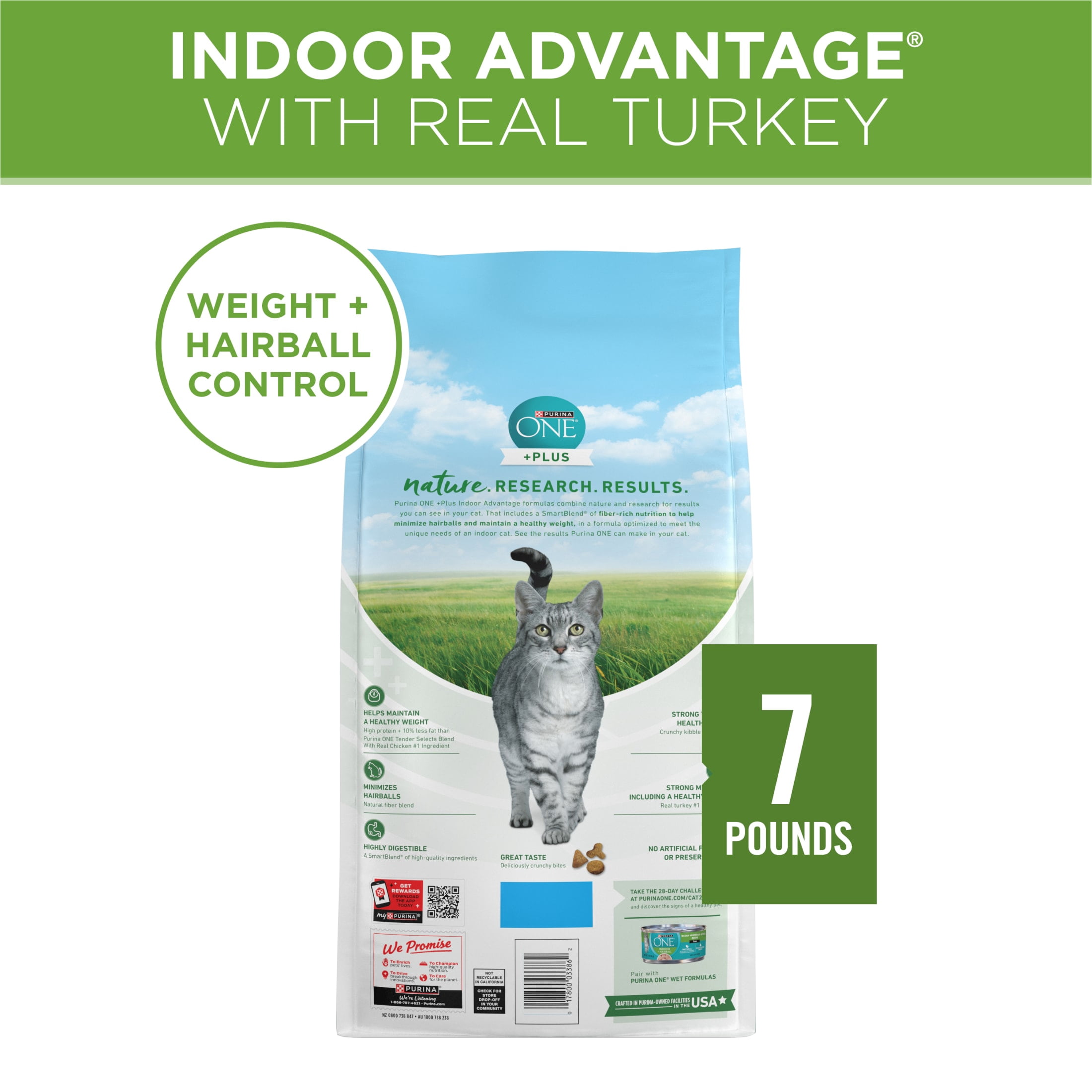 Purina ONE Plus, Indoor Advantage, Dry Cat Food, Turkey, 7 lb Bag