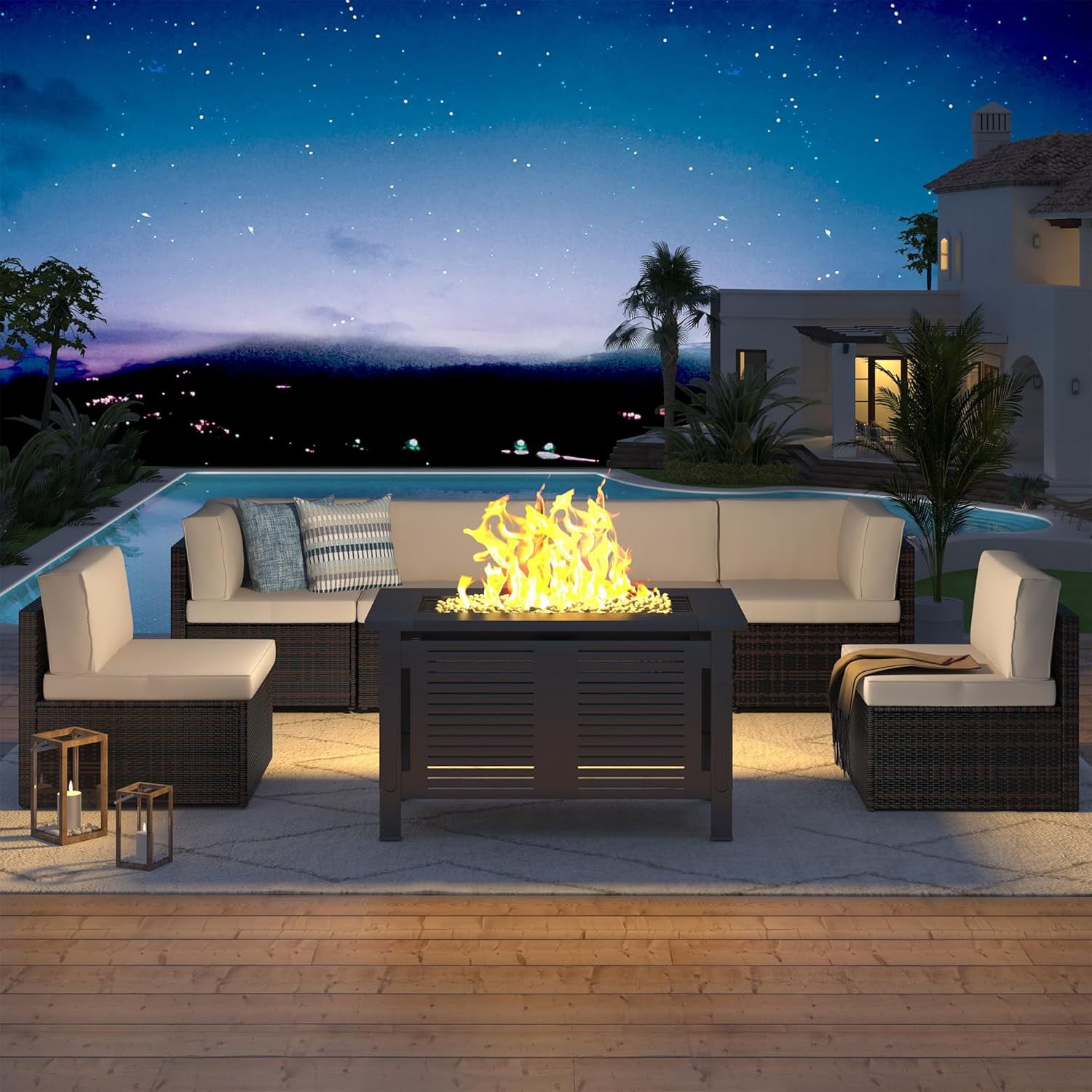 YODOLLA 7-Piece Patio Furniture Set with 43" Fire Pit Table, Rattan Wicker Outdoor Sectional Sofa Couch with Table Patio Conversation Set for Lawn& Backyard In Brown&Beige