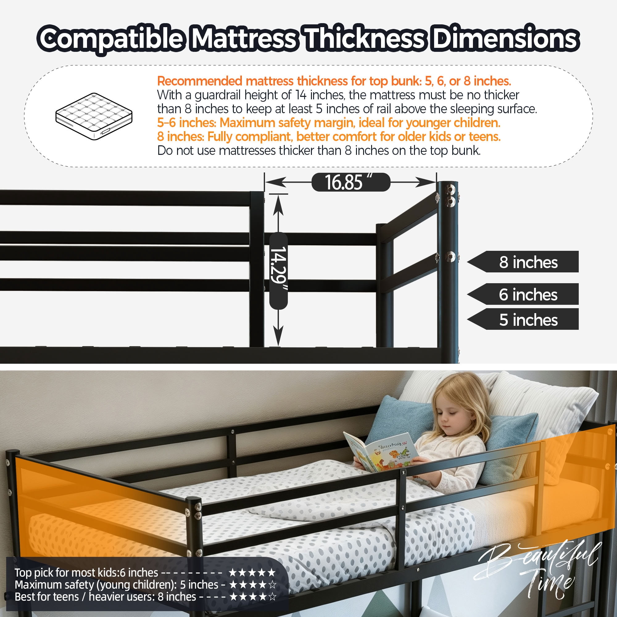 MAYEERTY Heavy Duty Twin Over Twin Metal Bunk Bed, Reinforced Steel Frame with 14" High Guardrails, for Kids Teens Adults, No Box Spring Needed, Black
