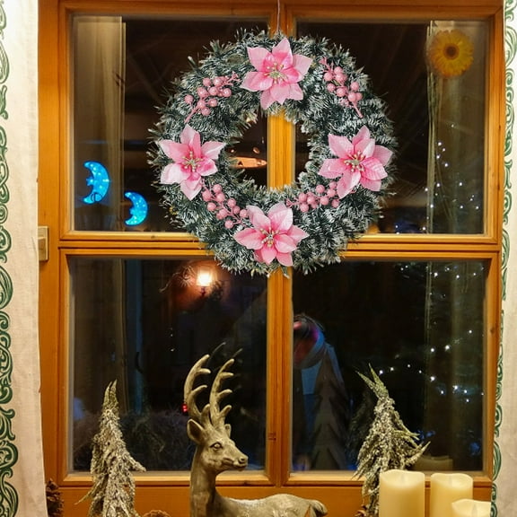 13.77 Inch Christmas Wreath with Pink Poinsettias & Berries - Festive Front Door Decor for Xmas Winter Holiday Season