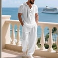 thumbnail image 5 of FRSASU Men's 2 Piece Linen Outfits Short Sleeve Henley Hooded Shirt and Beach Pants Set Casual Summer Matching Set White, 5 of 9