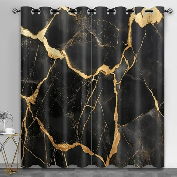 Black Gold Marble Curtains For Living Room, Gold Texture Blackout Curtains For Bedroom, Luxury Marble Window Drapes, Window Treatments For Kitchen Office Cafe 42"W x 96"L (Pack of 2)