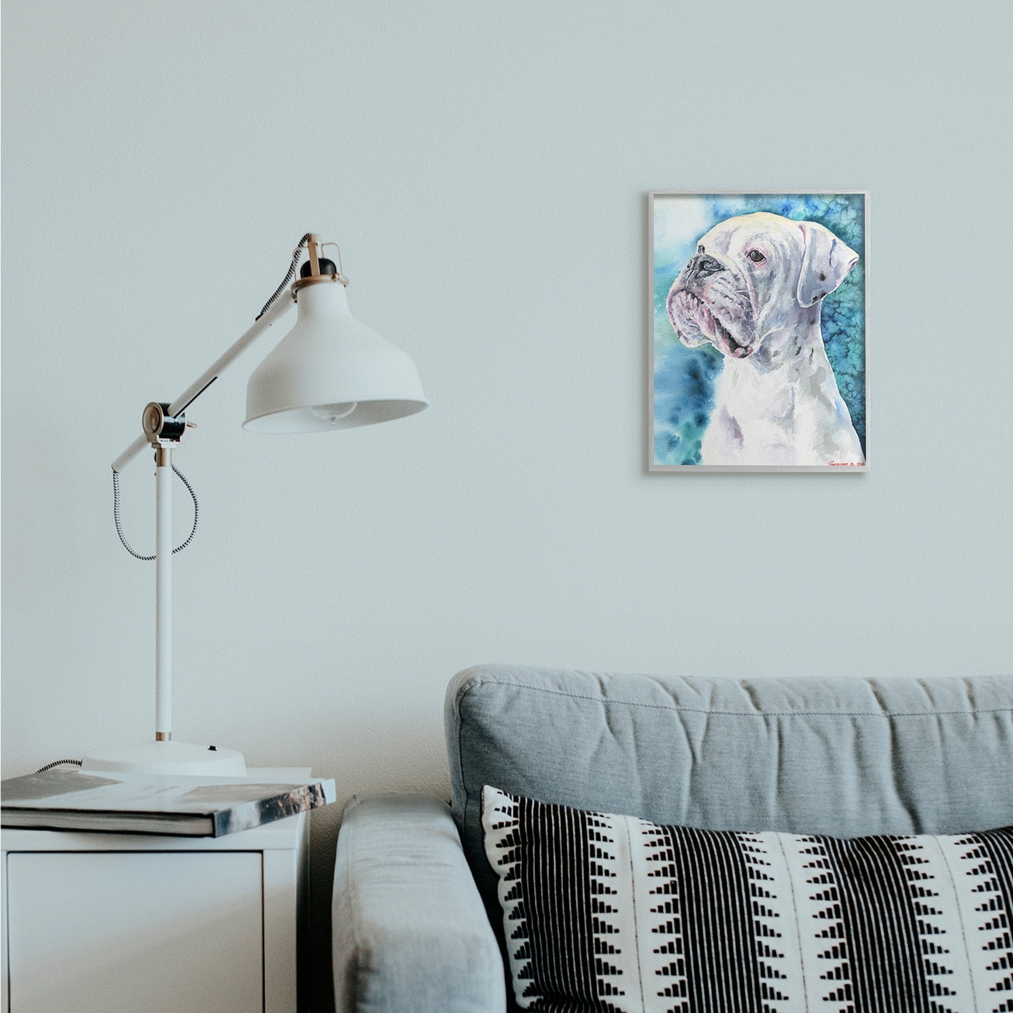 Stupell Industries White Boxer Gaze Pet Dog over Blue Grey Framed, 11 x 14, Design by George Dyachenko